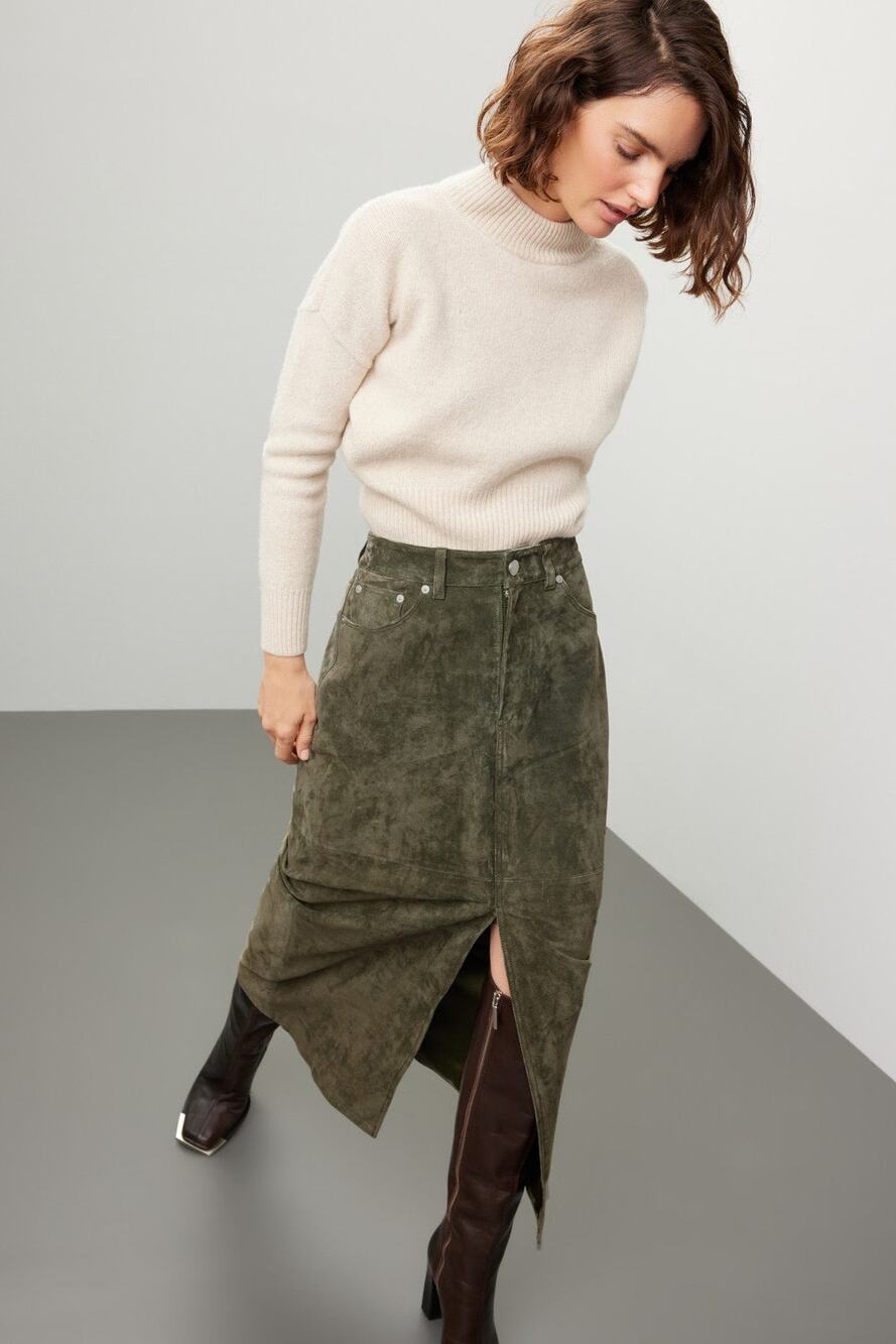 BlankNYC Hunter Green Retro Suede Leather Front Slit Pencil Midi Skirt Size 29